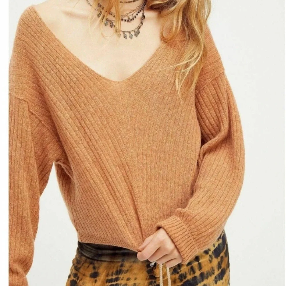 Free People Elias Cashmere Long Sleeve V‎ Neck Sweater Cinnamon Womens Small
